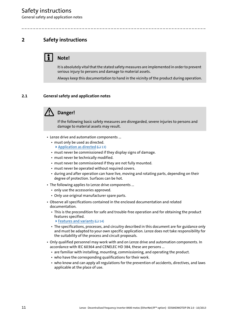 2 safety instructions, 1 general safety and application notes, Safety instructions | General safety and application notes, 2safety instructions | Lenze E84DGFCG User Manual | Page 11 / 149