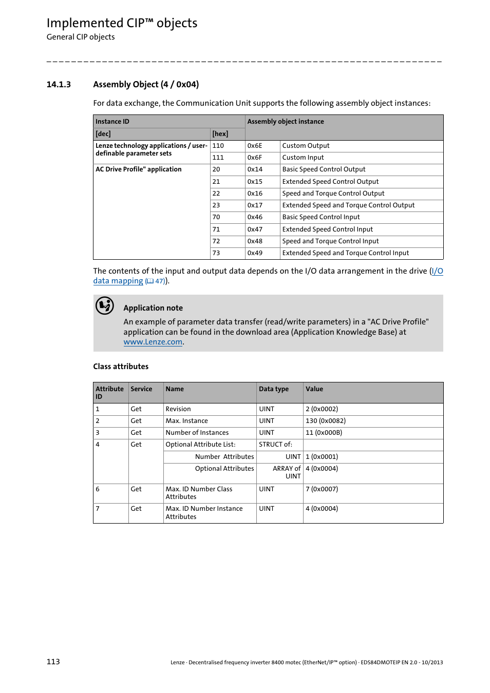 3 assembly object (4 / 0x04), Ee also, Assembly object (4 / 0x04) | Assembly object (4 / 0x04) ( 113), Implemented cip™ objects | Lenze E84DGFCG User Manual | Page 113 / 149