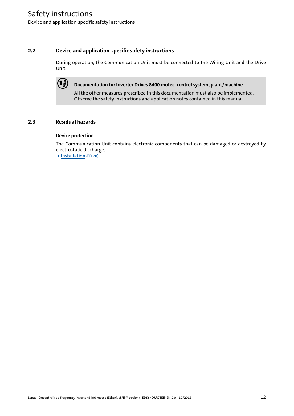 3 residual hazards, Residual hazards, Safety instructions | Lenze E84DGFCG User Manual | Page 12 / 149