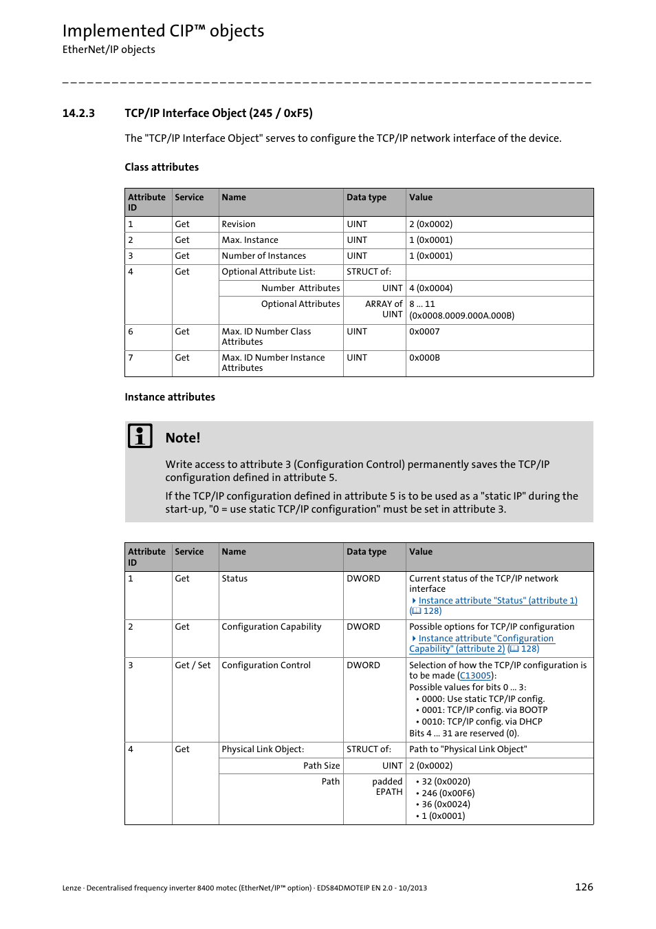 3 tcp/ip interface object (245 / 0xf5), Tcp/ip interface object (245 / 0xf5), Tcp/ip | Interface object (245 / 0xf5) ( 126), Tcp/ip interface object (245 / 0xf5) ( 126), Tcp/ip interface object (245, 0xf5) ( 126), 8 (ttl value) in the, Otemac) in the, Implemented cip™ objects | Lenze E84DGFCG User Manual | Page 126 / 149