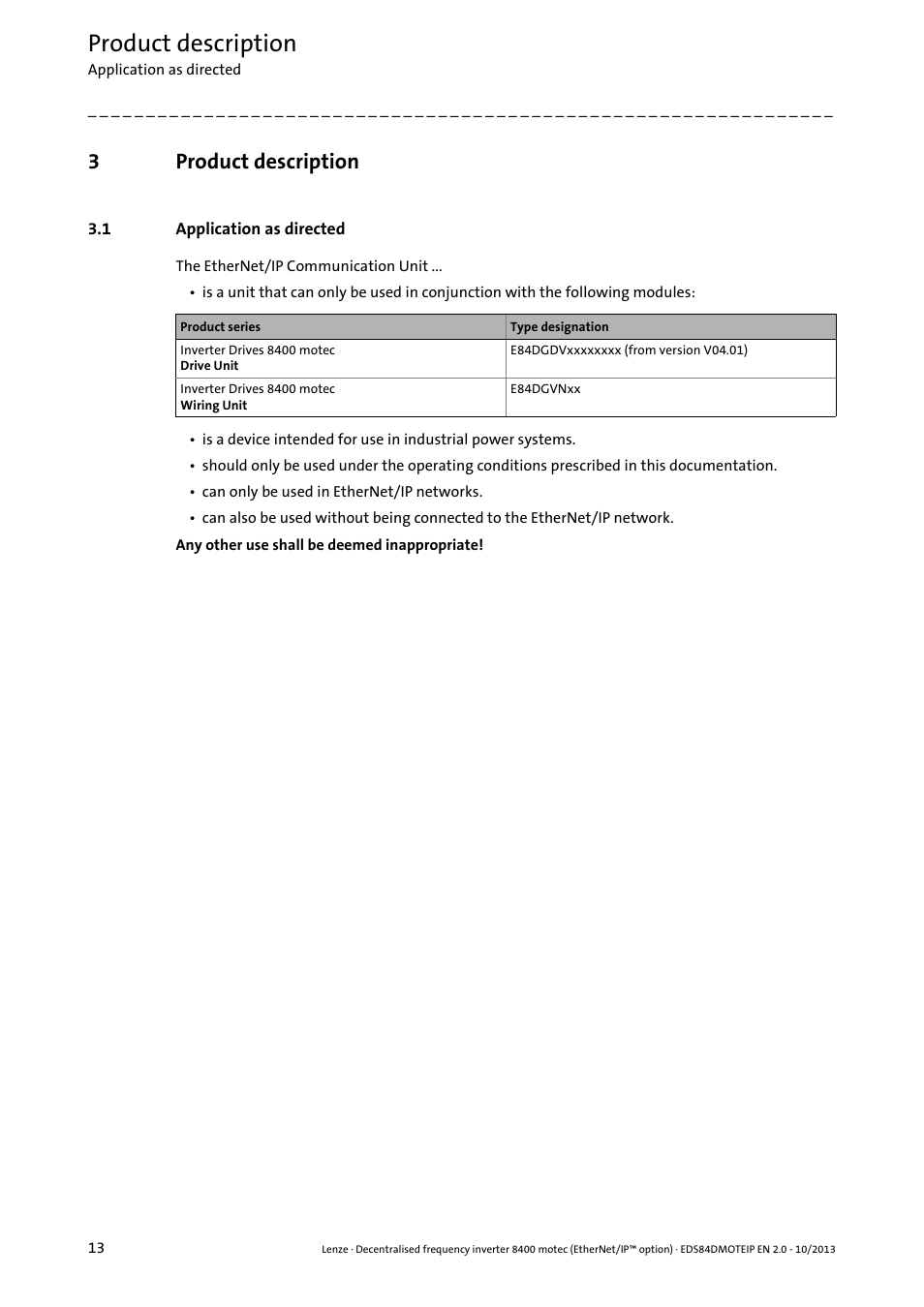 3 product description, 1 application as directed, Product description | Application as directed, 3product description | Lenze E84DGFCG User Manual | Page 13 / 149