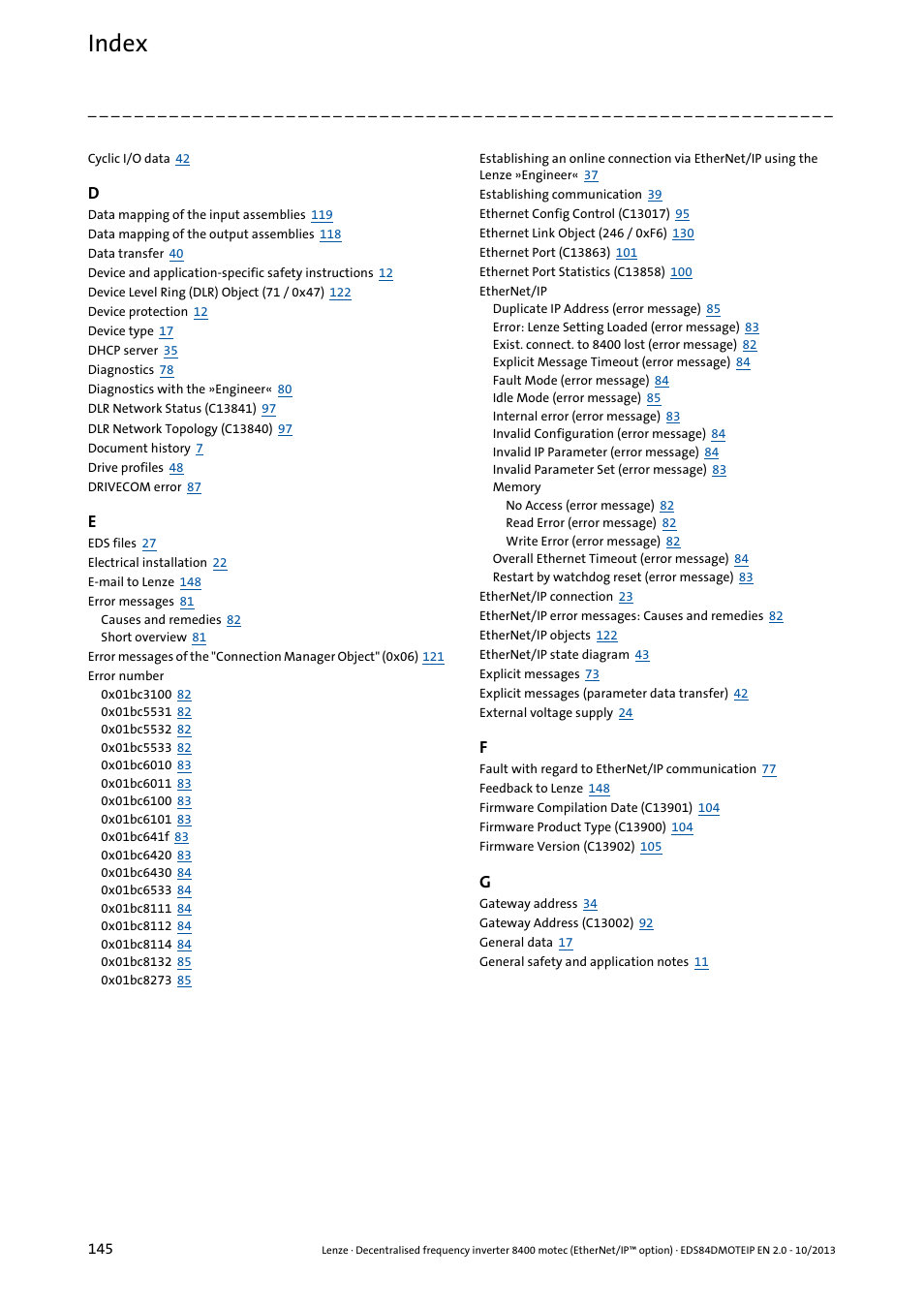 Index | Lenze E84DGFCG User Manual | Page 145 / 149