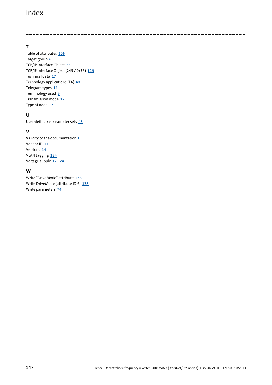 Index | Lenze E84DGFCG User Manual | Page 147 / 149