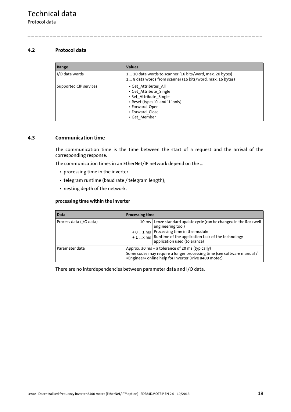 2 protocol data, 3 communication time, Protocol data | Communication time, Technical data | Lenze E84DGFCG User Manual | Page 18 / 149