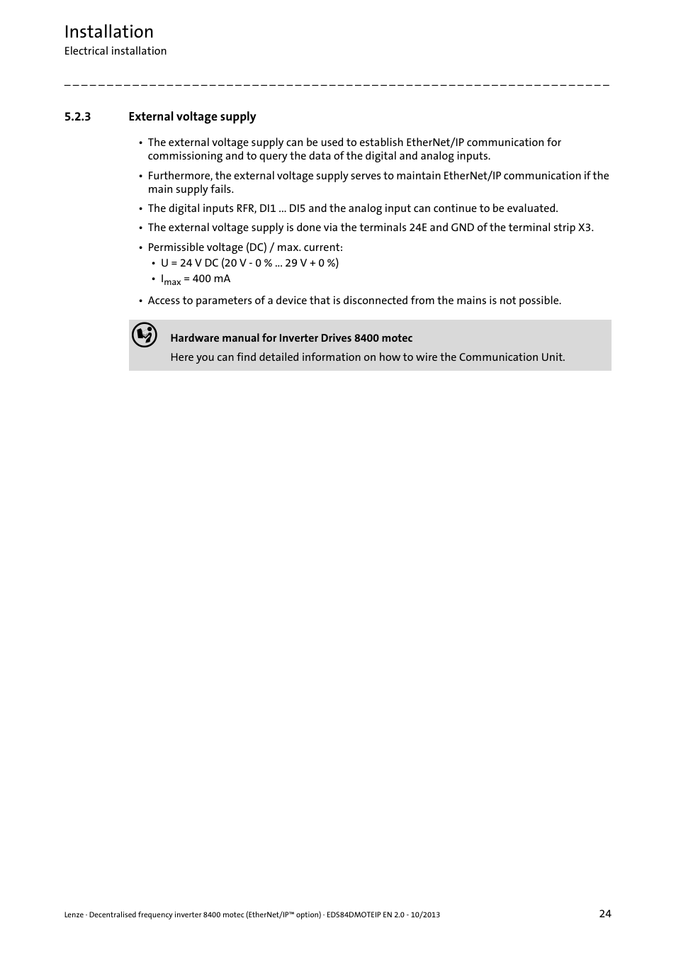 3 external voltage supply, External voltage supply, Installation | Lenze E84DGFCG User Manual | Page 24 / 149