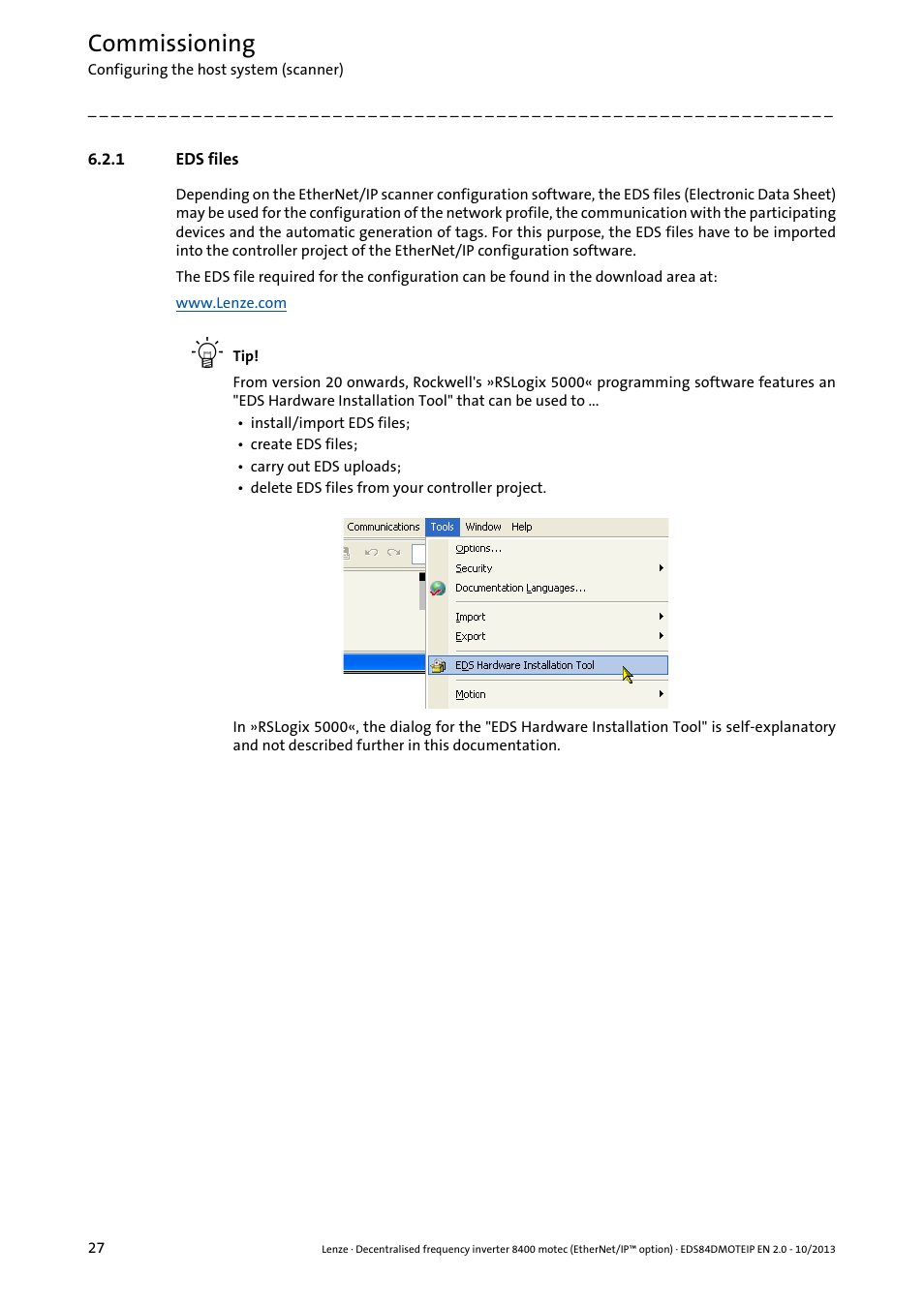 1 eds files, Eds files, Commissioning | Lenze E84DGFCG User Manual | Page 27 / 149