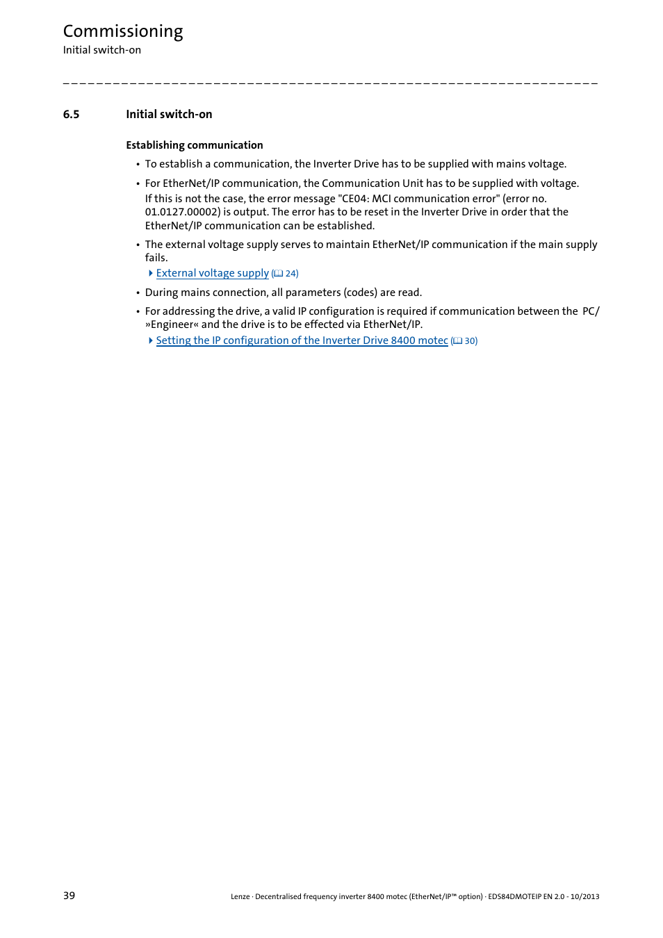 5 initial switch-on, Initial switch-on, Commissioning | Lenze E84DGFCG User Manual | Page 39 / 149