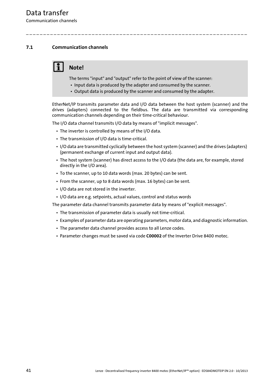 1 communication channels, Communication channels, Data transfer | Lenze E84DGFCG User Manual | Page 41 / 149