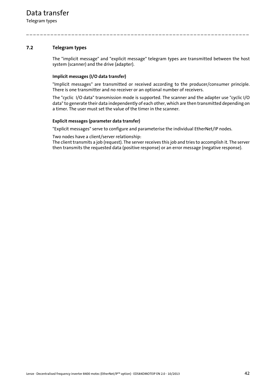 2 telegram types, Telegram types, Data transfer | Lenze E84DGFCG User Manual | Page 42 / 149