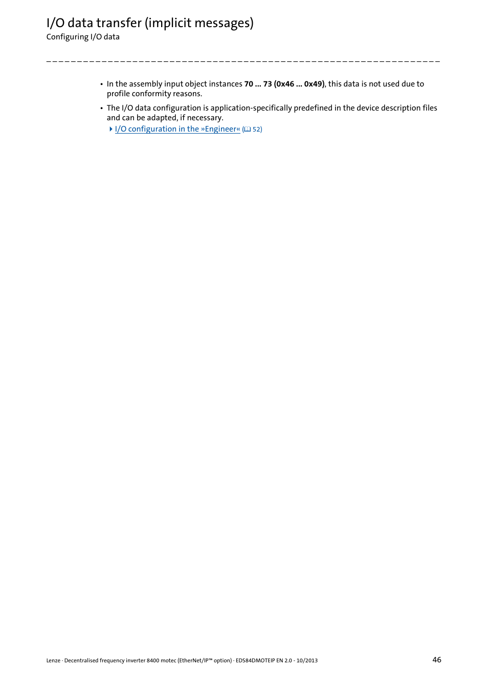 I/o data transfer (implicit messages) | Lenze E84DGFCG User Manual | Page 46 / 149