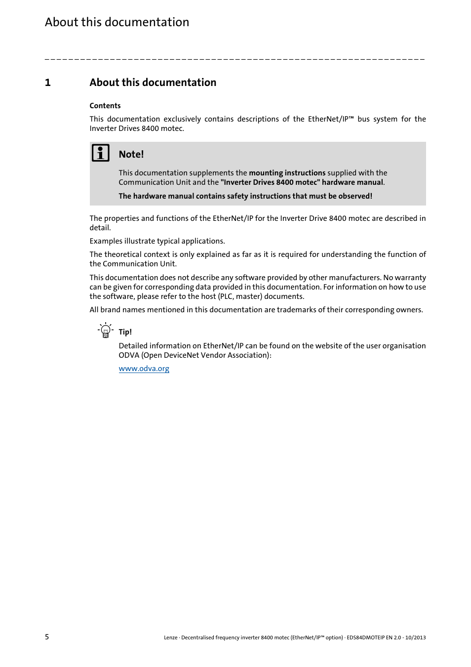 1 about this documentation, About this documentation | Lenze E84DGFCG User Manual | Page 5 / 149