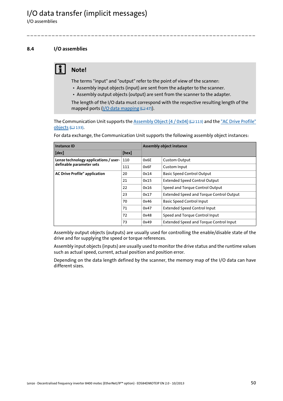 4 i/o assemblies, I/o assemblies, I/o data transfer (implicit messages) | Lenze E84DGFCG User Manual | Page 50 / 149