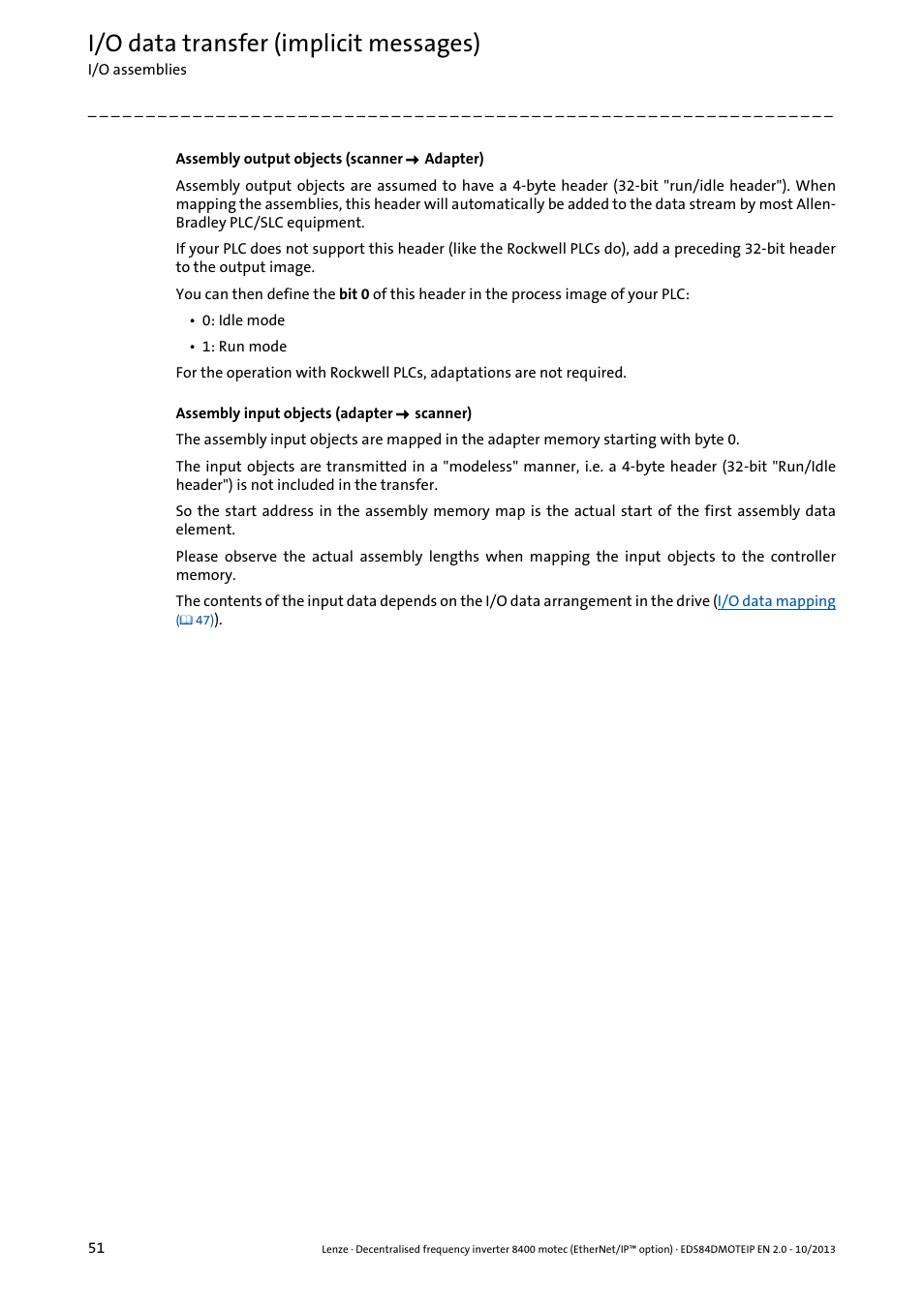 I/o data transfer (implicit messages) | Lenze E84DGFCG User Manual | Page 51 / 149