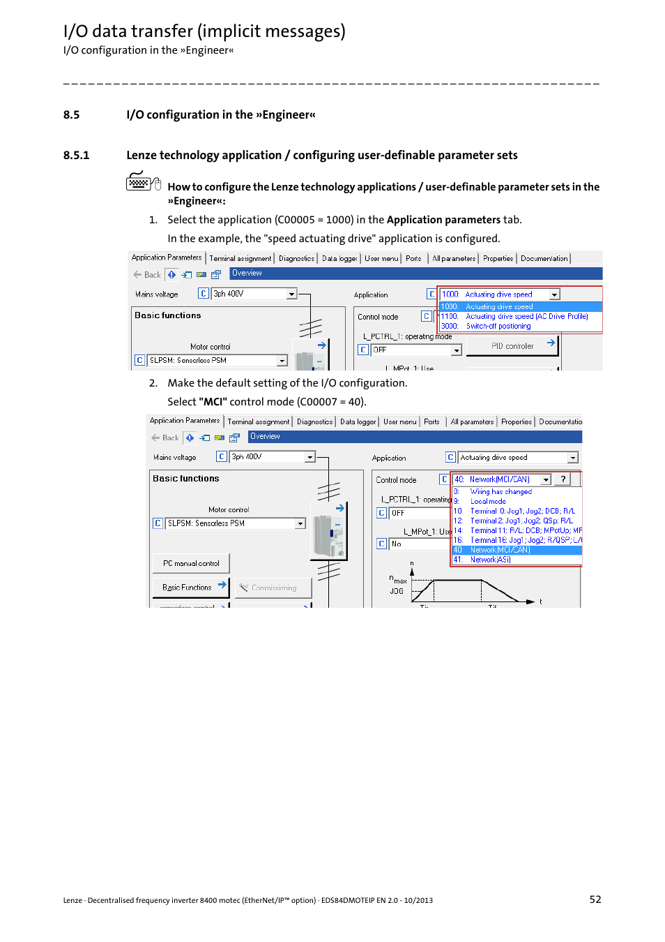 5 i/o configuration in the »engineer, I/o configuration in the »engineer, I/o data transfer (implicit messages) | Lenze E84DGFCG User Manual | Page 52 / 149