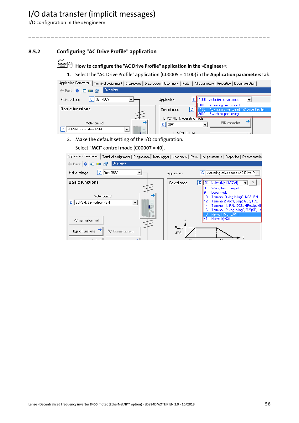 2 configuring "ac drive profile" application, Configuring "ac drive profile" application, I/o data transfer (implicit messages) | Lenze E84DGFCG User Manual | Page 56 / 149