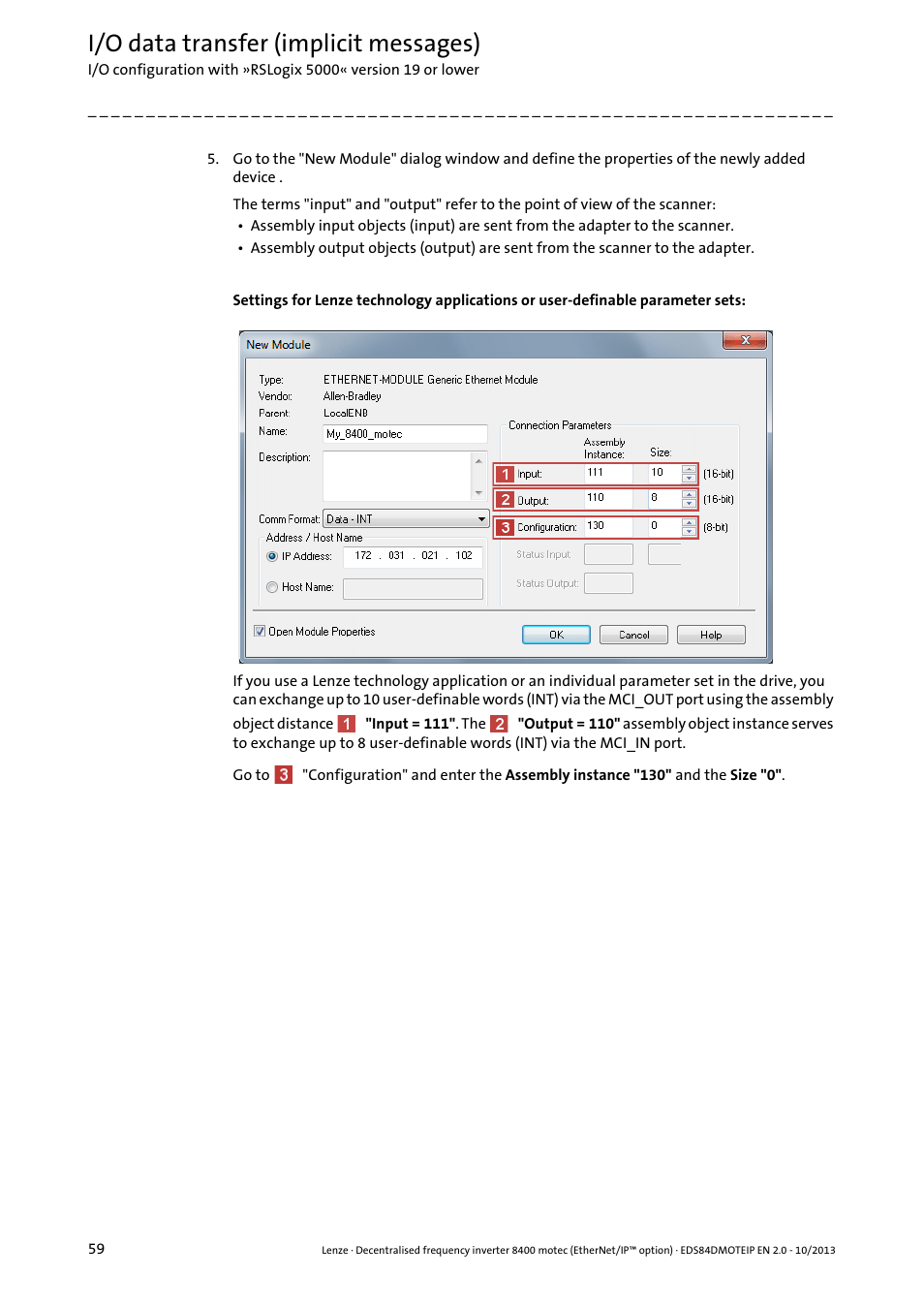I/o data transfer (implicit messages) | Lenze E84DGFCG User Manual | Page 59 / 149