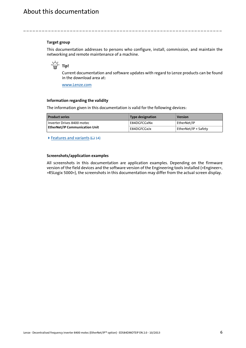 About this documentation | Lenze E84DGFCG User Manual | Page 6 / 149