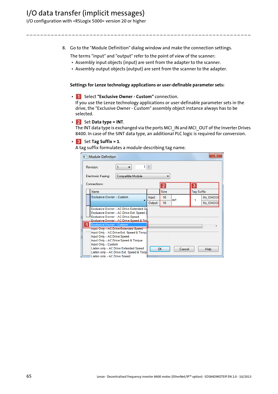 I/o data transfer (implicit messages) | Lenze E84DGFCG User Manual | Page 65 / 149