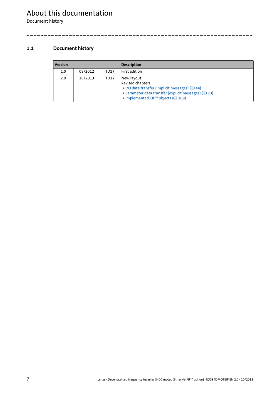 1 document history, Document history, About this documentation | Lenze E84DGFCG User Manual | Page 7 / 149