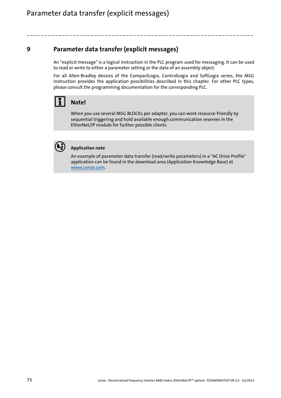 9 parameter data transfer (explicit messages), Parameter data transfer (explicit messages), Parameter data transfer (explicit messages) ( 73) | Lenze E84DGFCG User Manual | Page 73 / 149