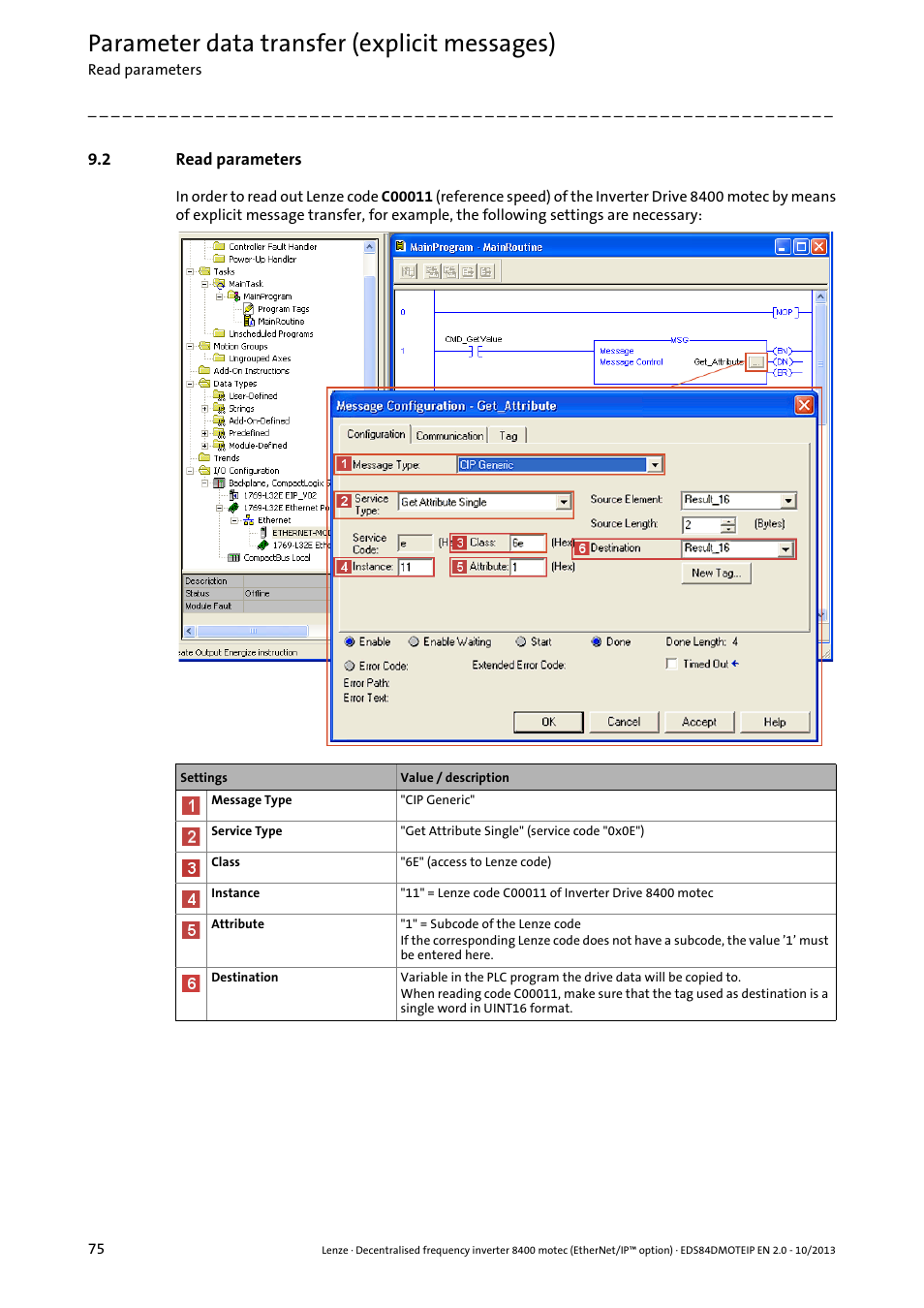 2 read parameters, Read parameters, Parameter data transfer (explicit messages) | Lenze E84DGFCG User Manual | Page 75 / 149