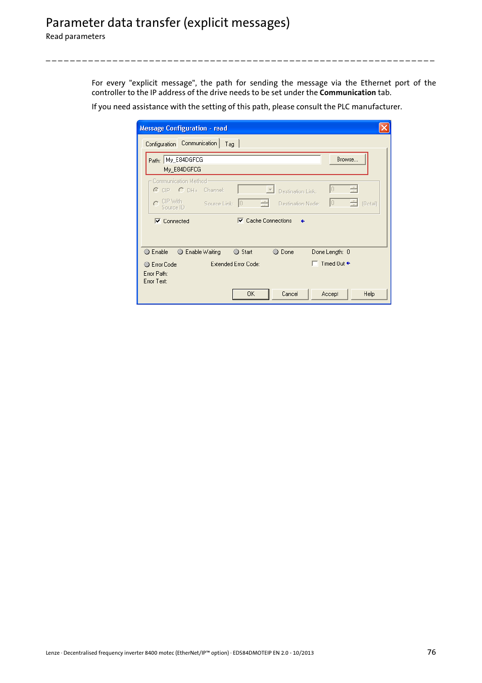 Parameter data transfer (explicit messages) | Lenze E84DGFCG User Manual | Page 76 / 149