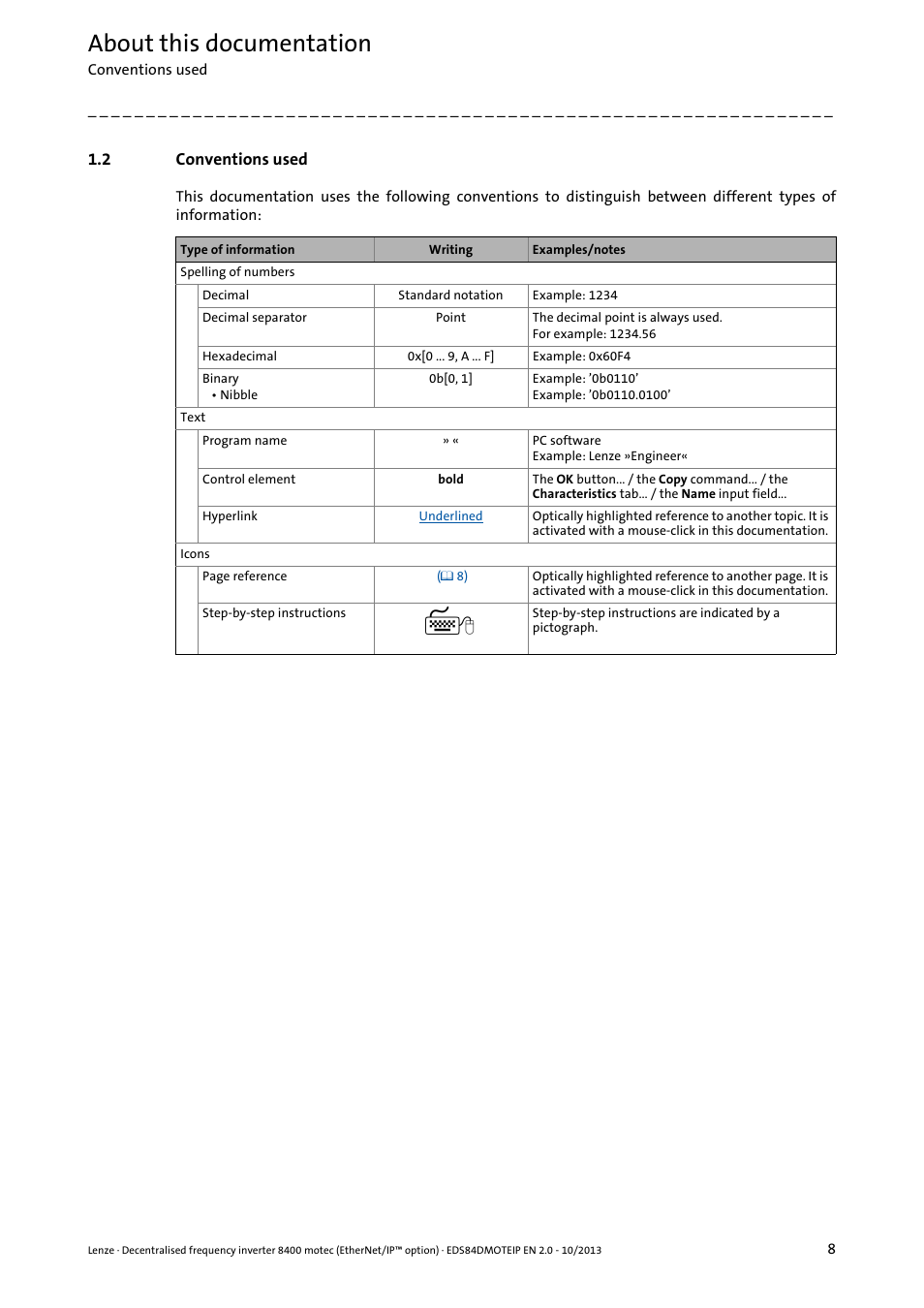 2 conventions used, Conventions used, About this documentation | Lenze E84DGFCG User Manual | Page 8 / 149