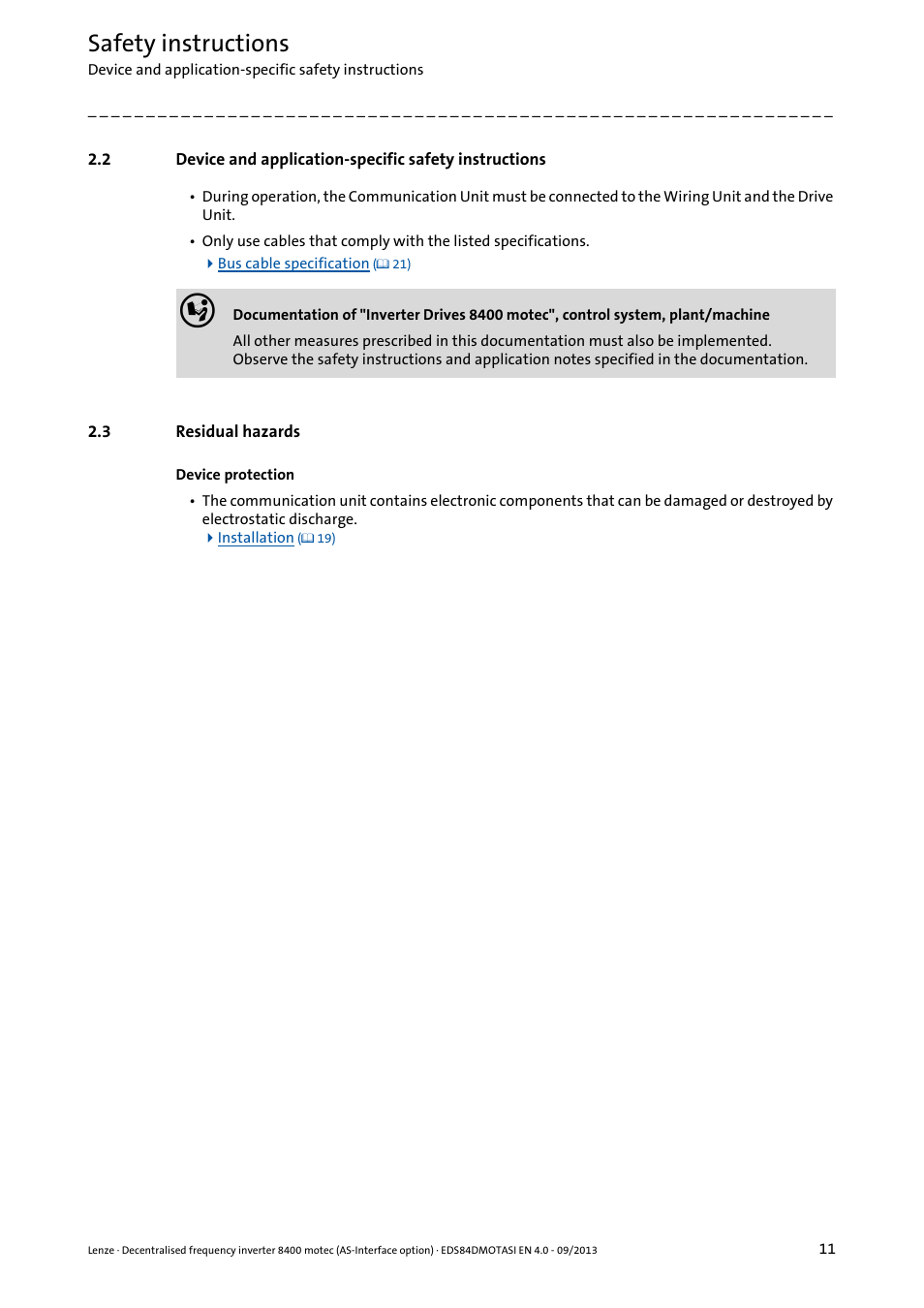 3 residual hazards, Residual hazards, Safety instructions | Lenze E84DGFCA User Manual | Page 11 / 74