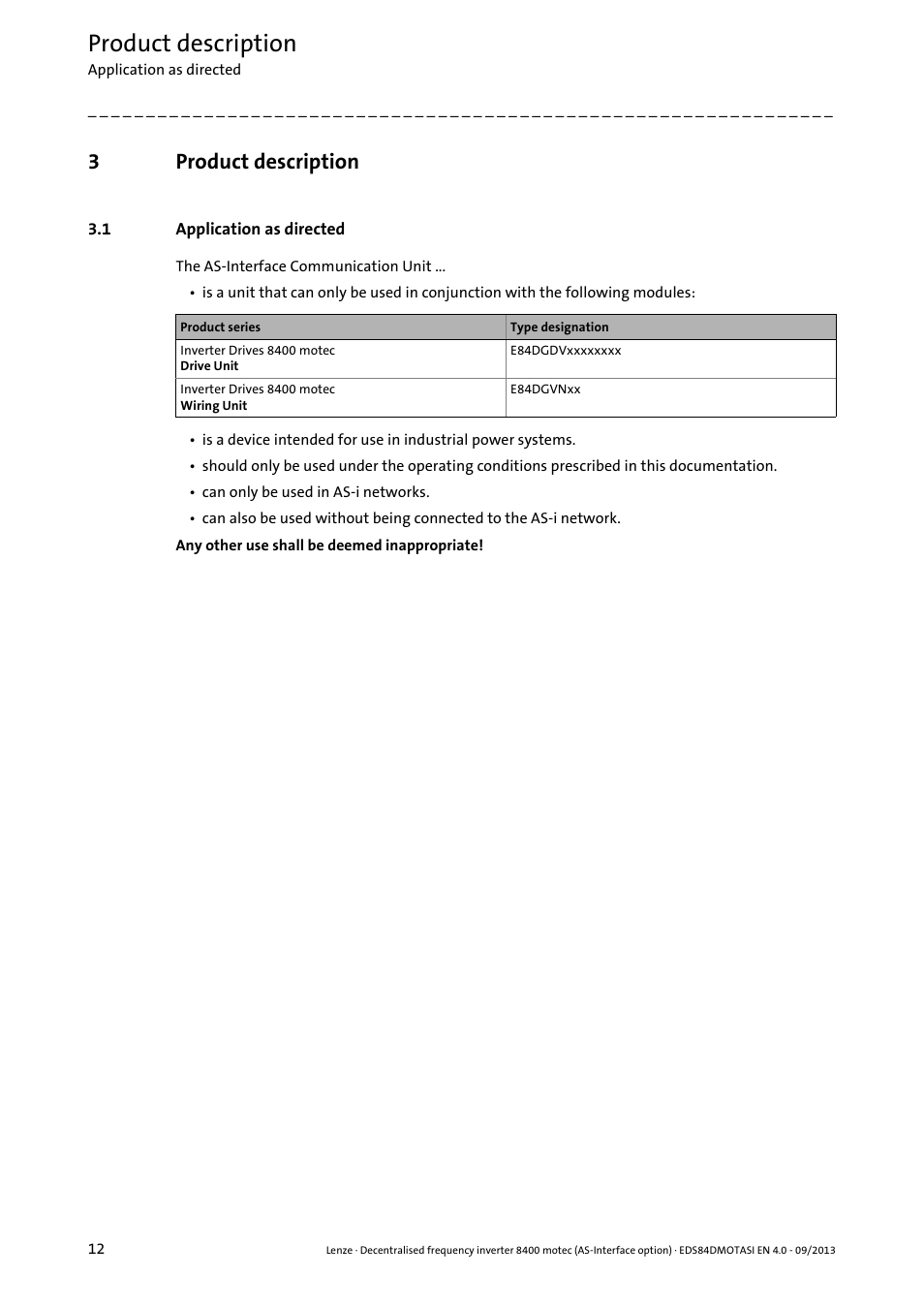 3 product description, 1 application as directed, Product description | Application as directed, 3product description | Lenze E84DGFCA User Manual | Page 12 / 74