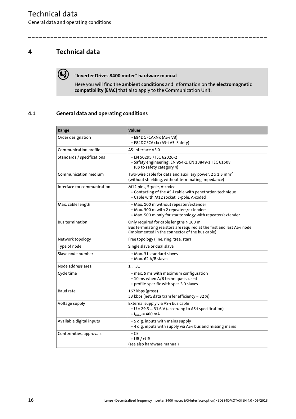 4 technical data, 1 general data and operating conditions, Technical data | General data and operating conditions, 4technical data | Lenze E84DGFCA User Manual | Page 16 / 74