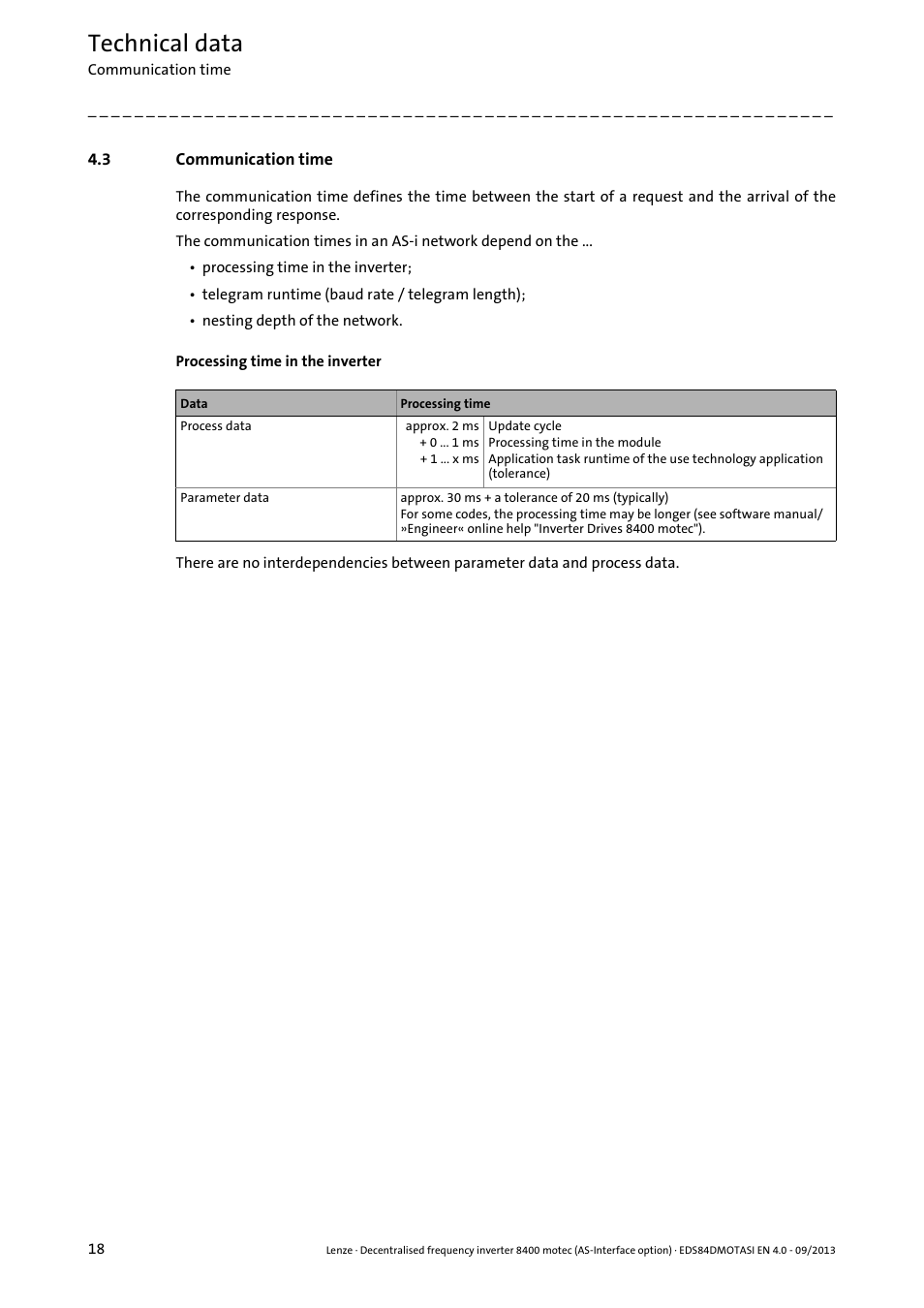3 communication time, Communication time, Technical data | Lenze E84DGFCA User Manual | Page 18 / 74