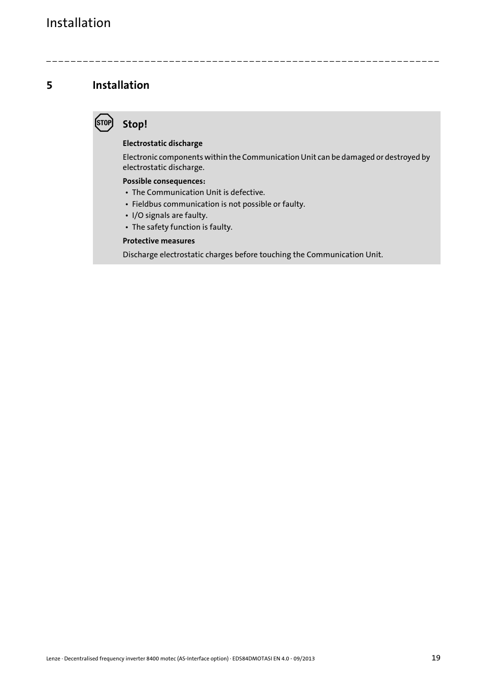 5 installation, Installation | Lenze E84DGFCA User Manual | Page 19 / 74