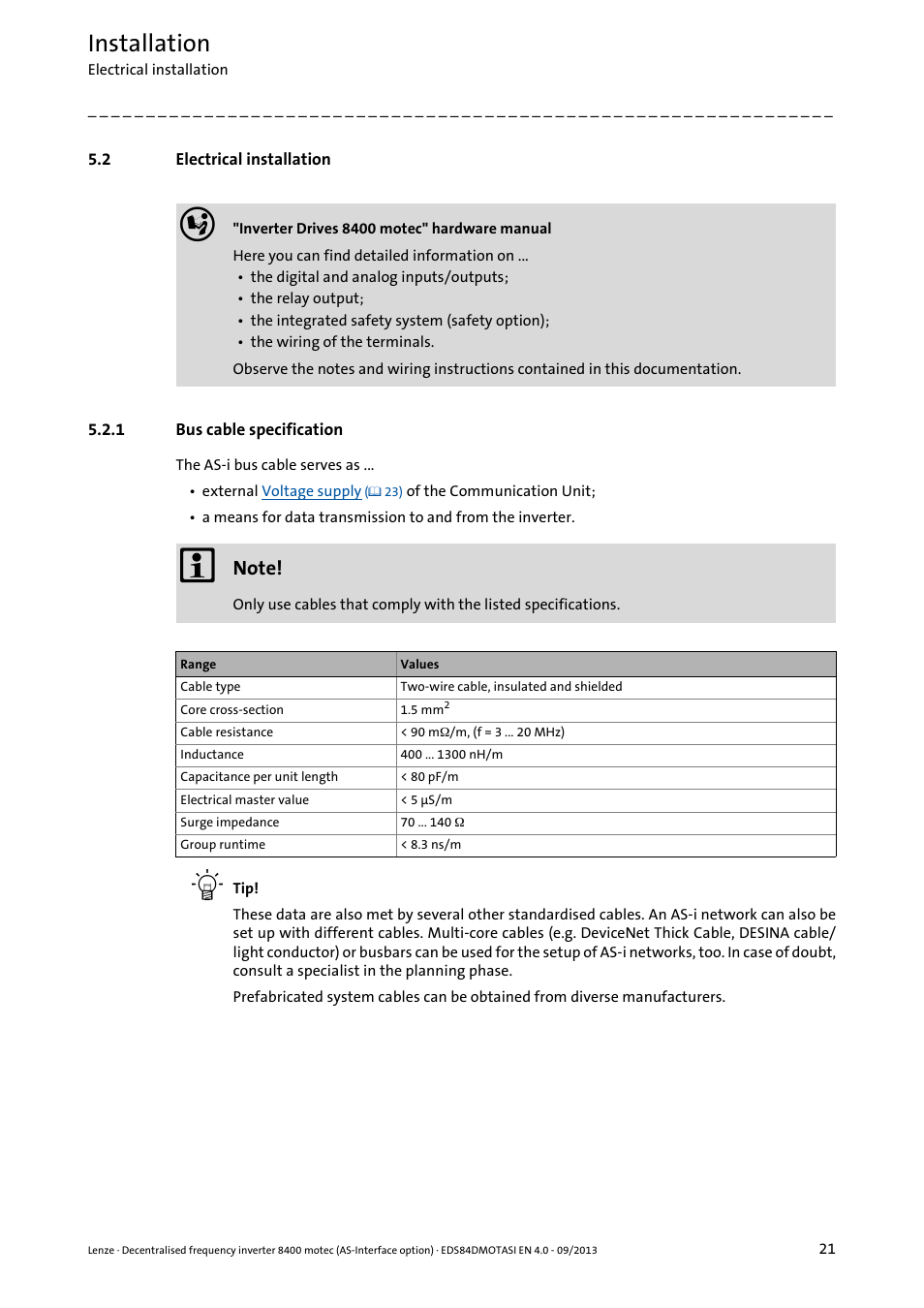 2 electrical installation, 1 bus cable specification, Electrical installation | Bus cable specification, Installation | Lenze E84DGFCA User Manual | Page 21 / 74