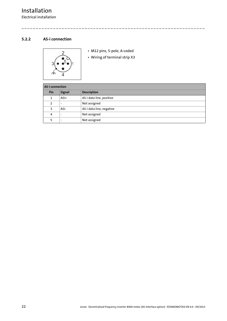 2 as-i connection, As-i connection, As-i connection ( 22) | Installation | Lenze E84DGFCA User Manual | Page 22 / 74