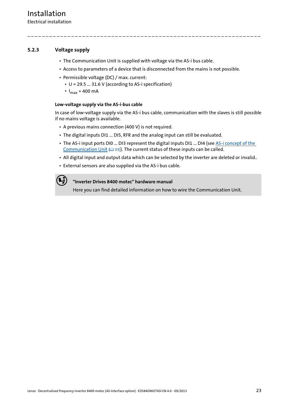 3 voltage supply, Voltage supply, Installation | Lenze E84DGFCA User Manual | Page 23 / 74