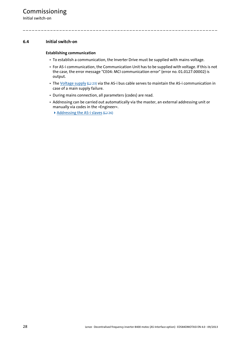 4 initial switch-on, Initial switch-on, Commissioning | Lenze E84DGFCA User Manual | Page 28 / 74