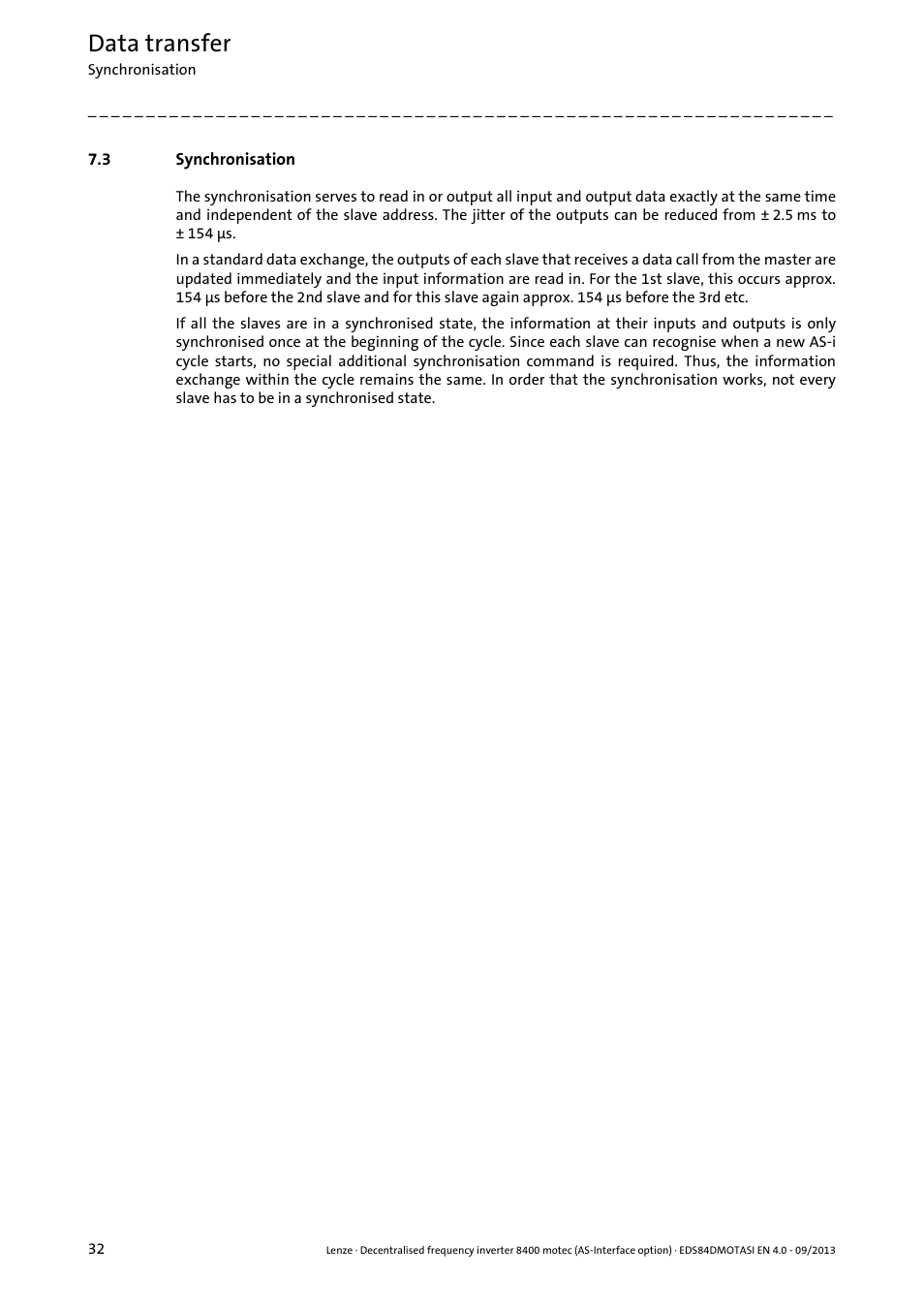 3 synchronisation, Synchronisation, Data transfer | Lenze E84DGFCA User Manual | Page 32 / 74