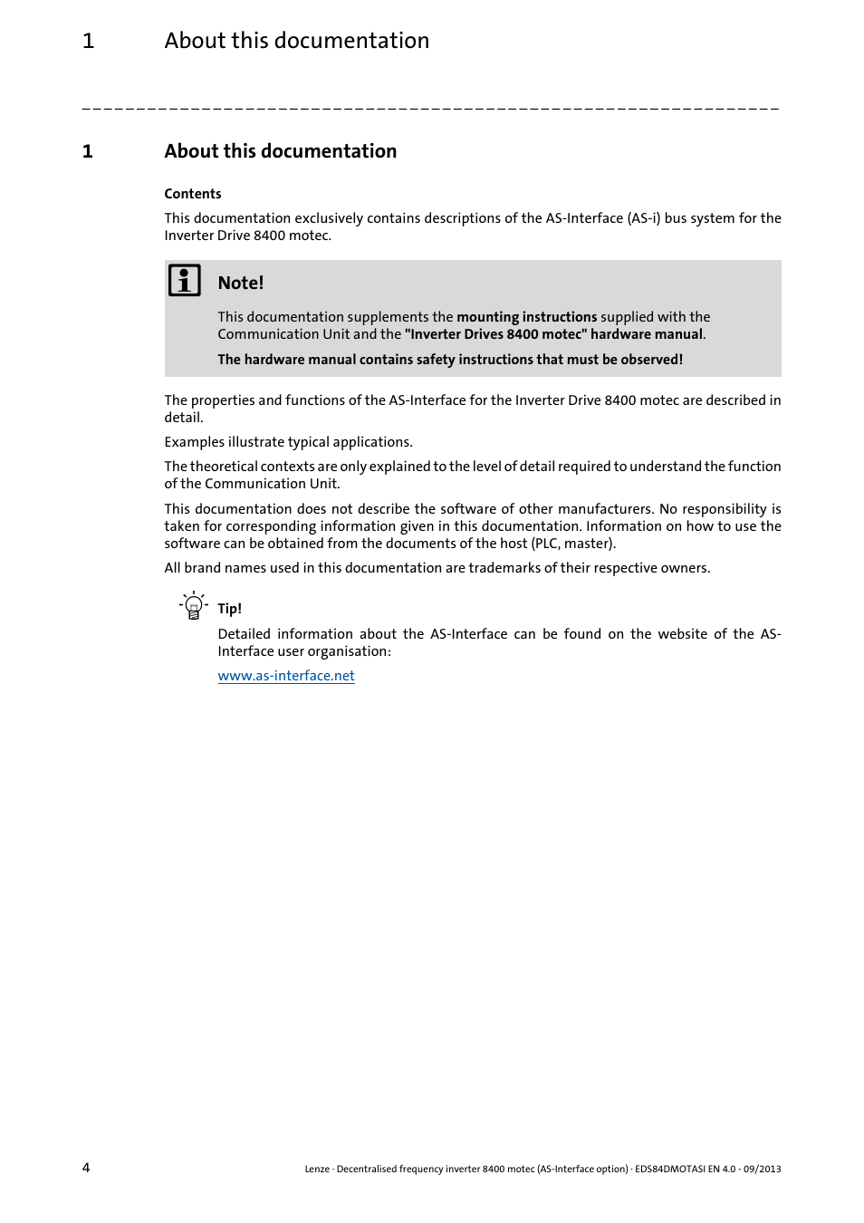 1 about this documentation, About this documentation, 1about this documentation | Lenze E84DGFCA User Manual | Page 4 / 74