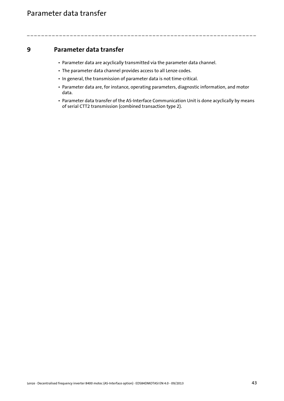 9 parameter data transfer, Parameter data transfer | Lenze E84DGFCA User Manual | Page 43 / 74