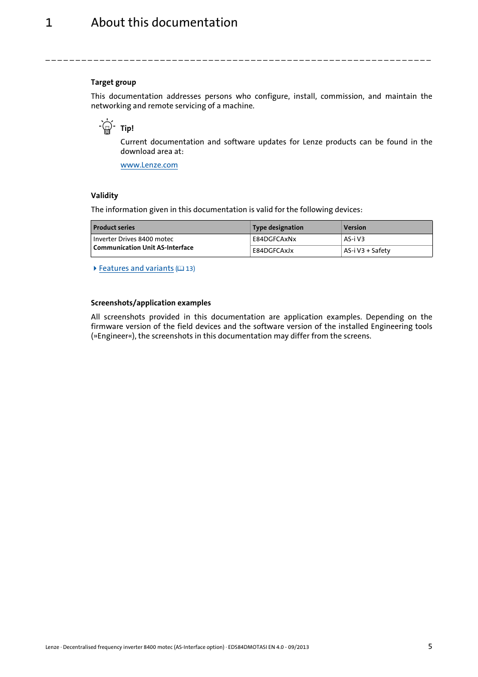 1about this documentation | Lenze E84DGFCA User Manual | Page 5 / 74