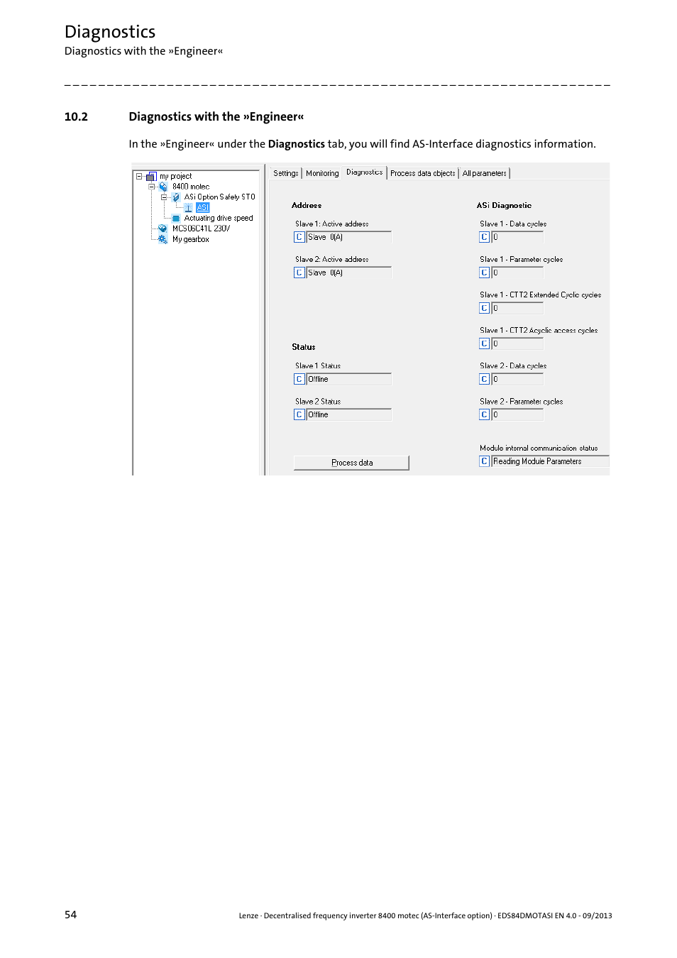 2 diagnostics with the »engineer, Diagnostics | Lenze E84DGFCA User Manual | Page 54 / 74