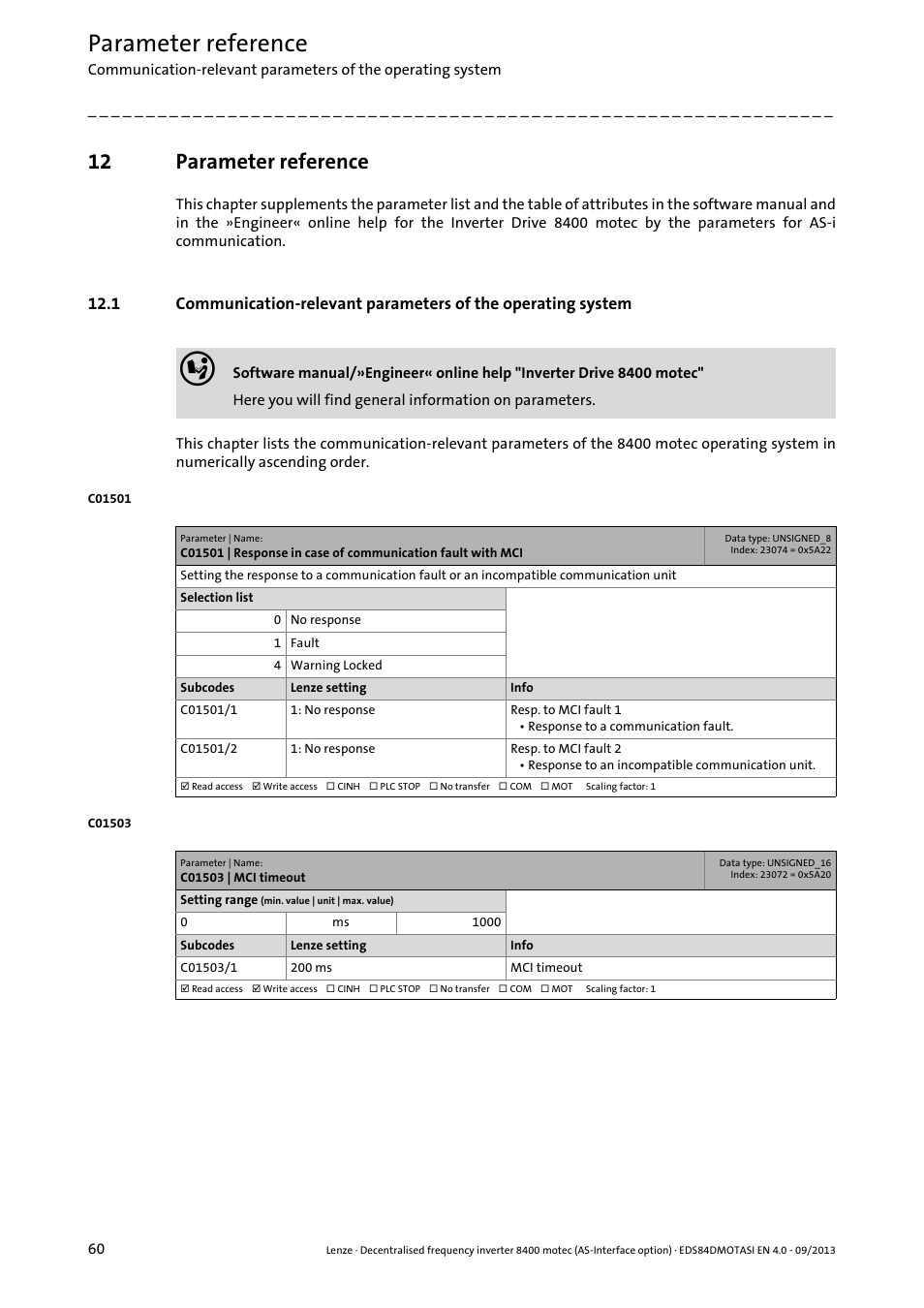 12 parameter reference, C01503 | mci timeout, Parameter reference | C01501/2, C01503, C01501/1 | Lenze E84DGFCA User Manual | Page 60 / 74