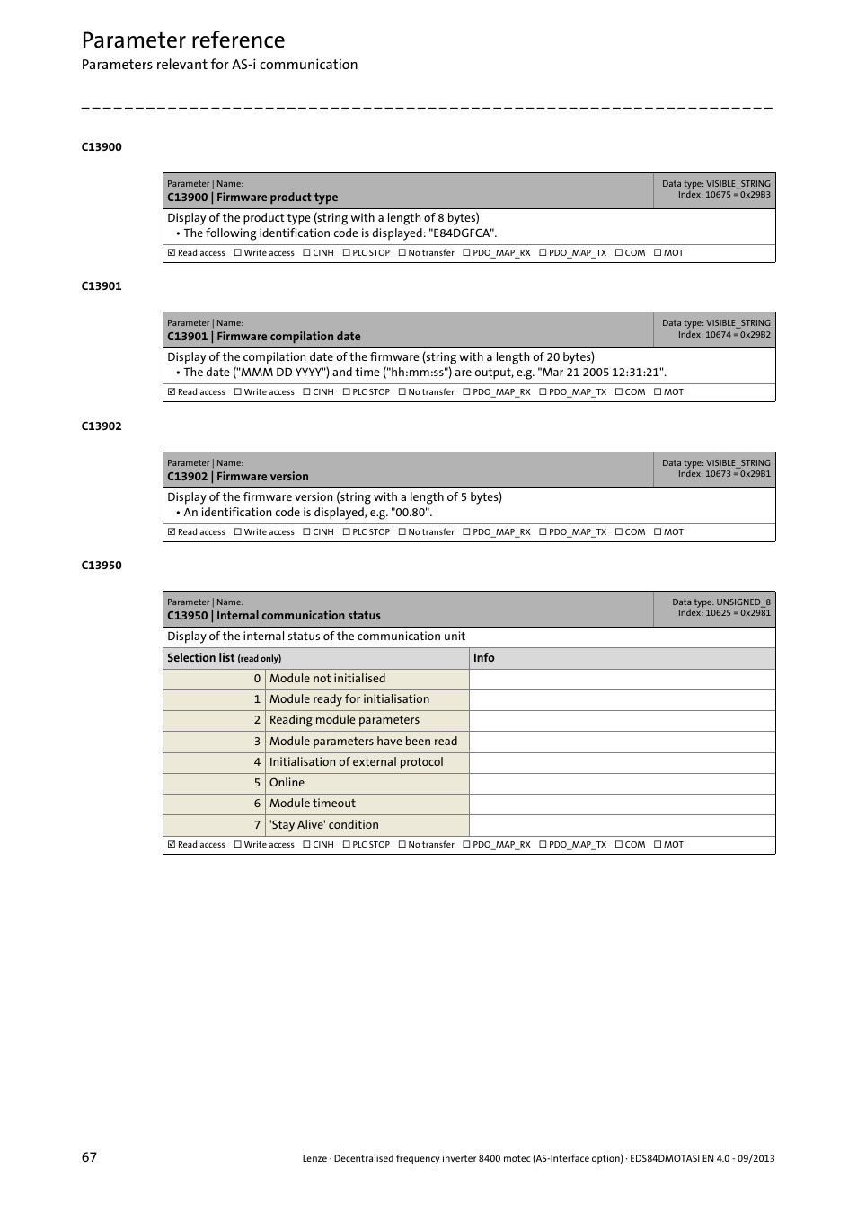 C13900 | firmware product type, C13901 | firmware compilation date, C13902 | firmware version | C13950 | internal communication status, C13950, Parameter reference | Lenze E84DGFCA User Manual | Page 67 / 74