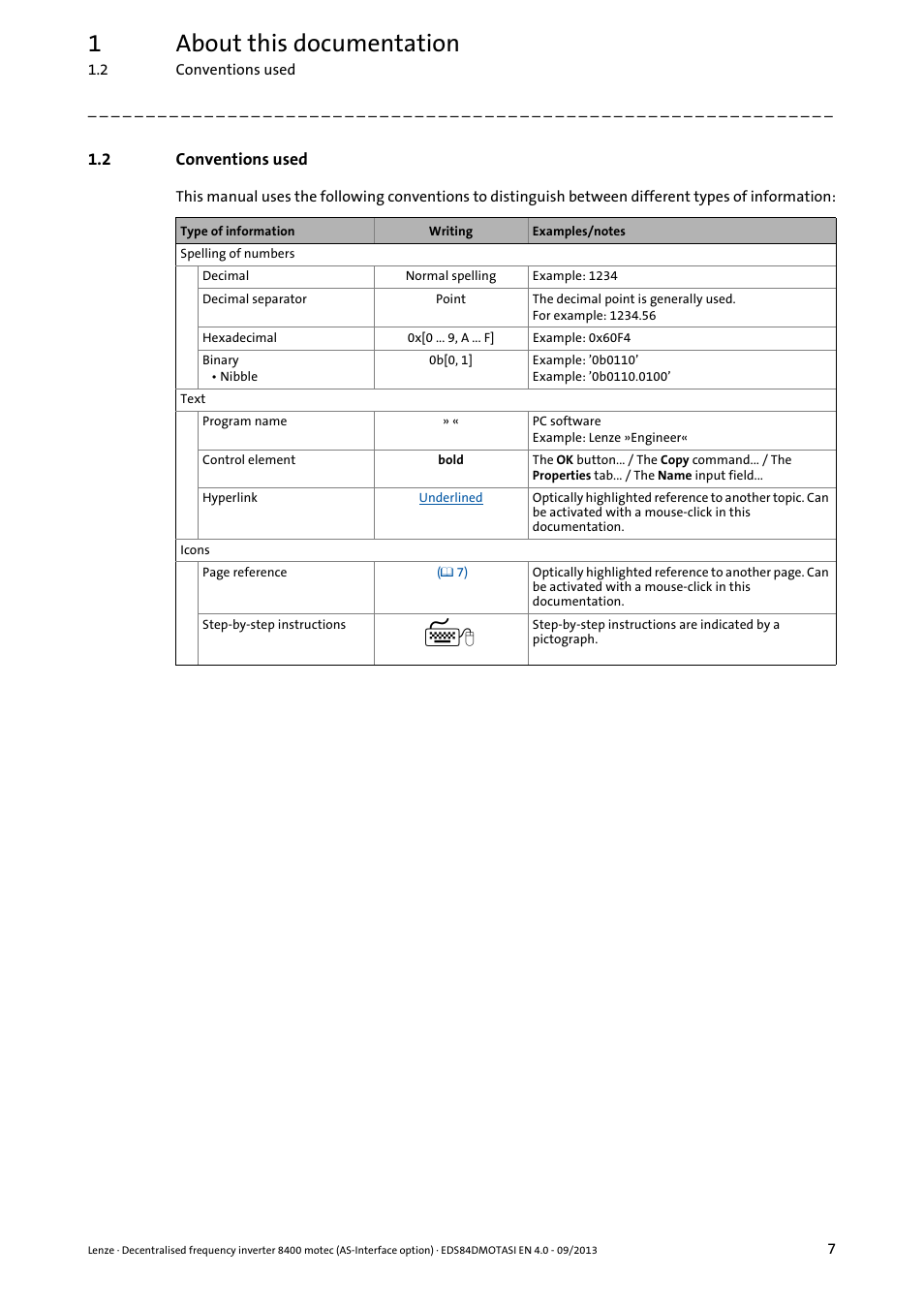 2 conventions used, Conventions used, 1about this documentation | Lenze E84DGFCA User Manual | Page 7 / 74