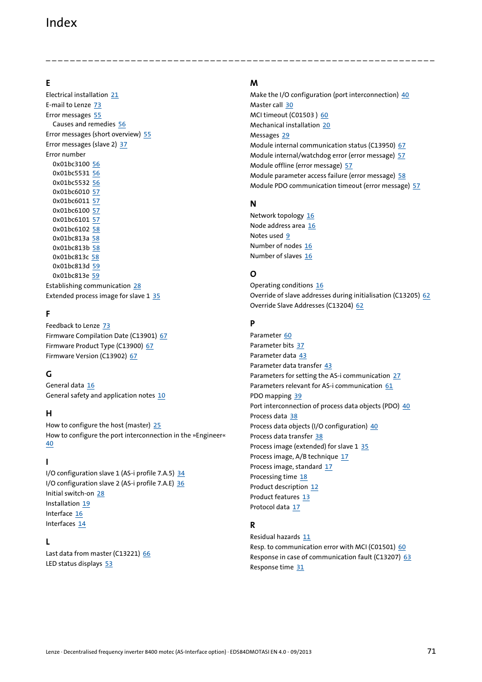 Index | Lenze E84DGFCA User Manual | Page 71 / 74