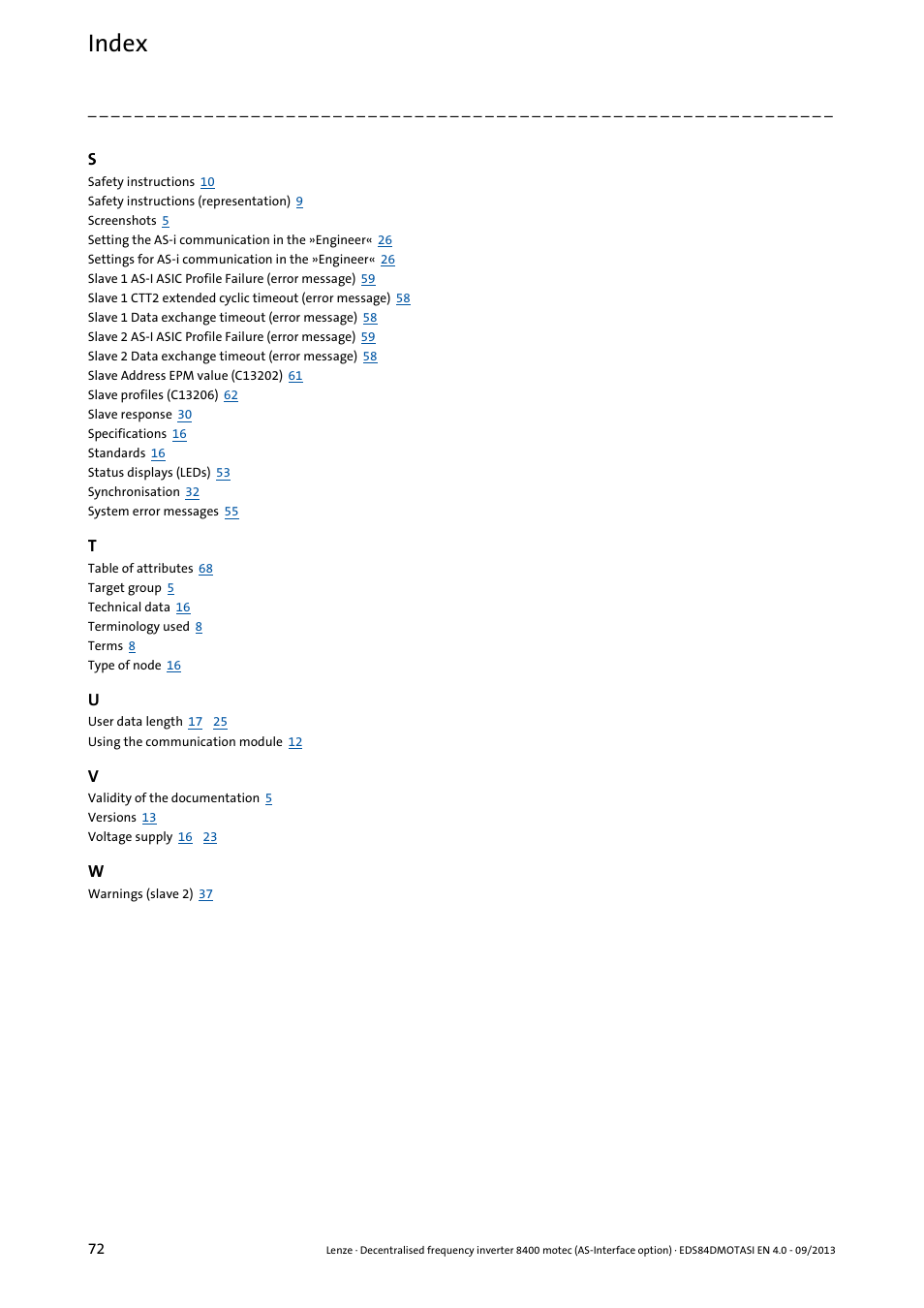 Index | Lenze E84DGFCA User Manual | Page 72 / 74