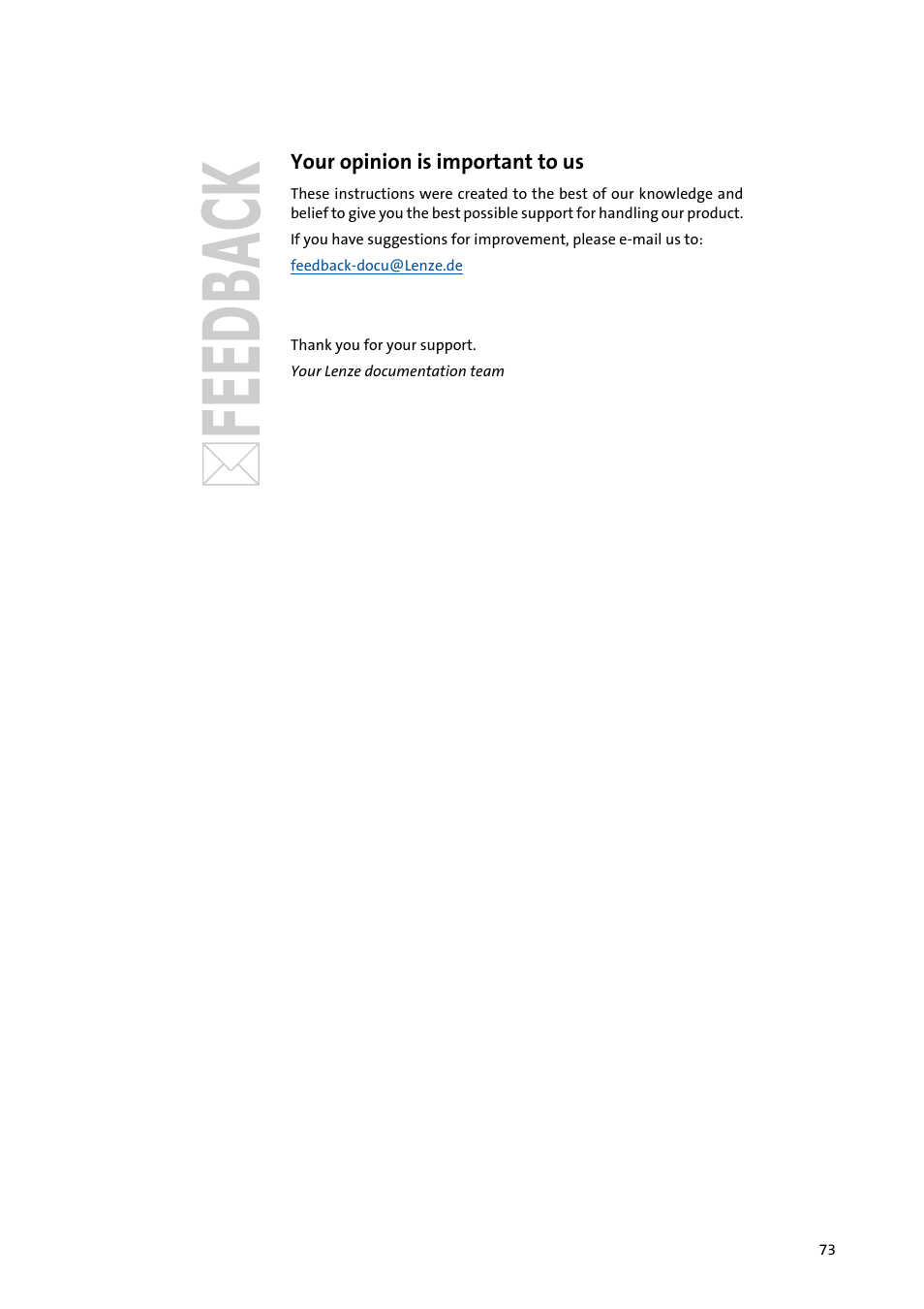 Your opinion is important to us | Lenze E84DGFCA User Manual | Page 73 / 74