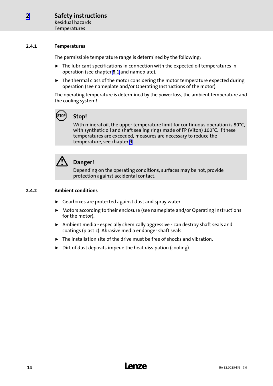 1 temperatures, 2 ambient conditions, Temperatures | Ambient conditions, Safety instructions | Lenze GSS User Manual | Page 14 / 80