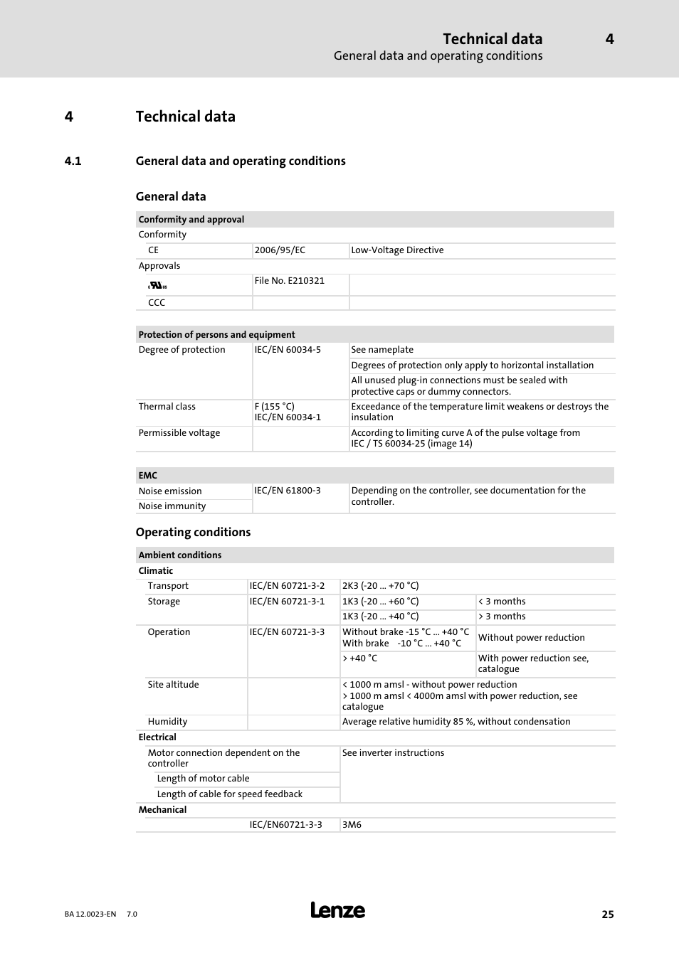 4 technical data, 1 general data and operating conditions, Technical data | General data and operating conditions, 4technical data | Lenze GSS User Manual | Page 25 / 80