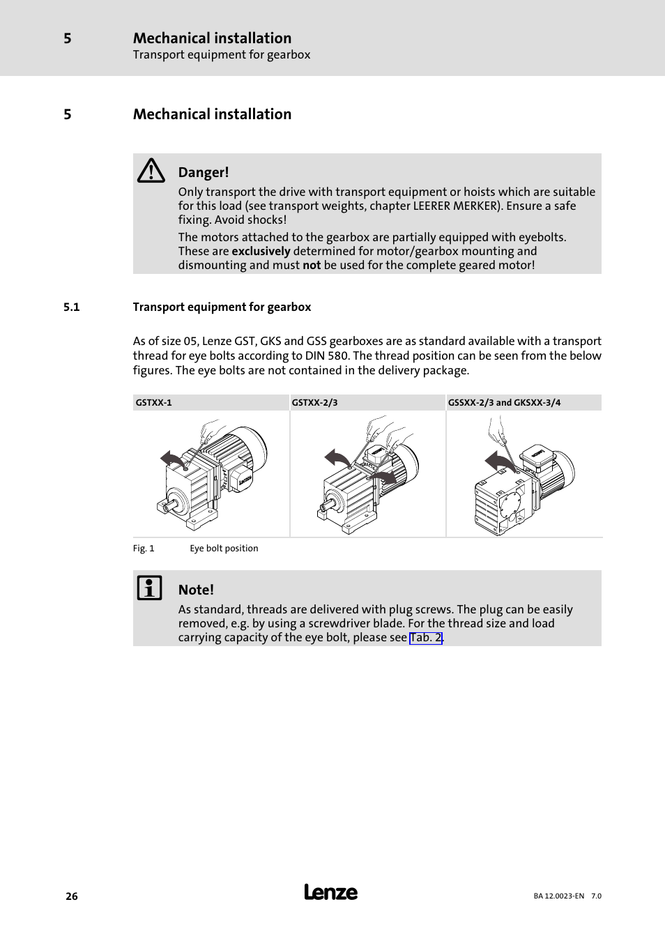 5 mechanical installation, 1 transport equipment for gearbox, Mechanical installation | Transport equipment for gearbox, Supplement − warning in ch. 5 | Lenze GSS User Manual | Page 26 / 80